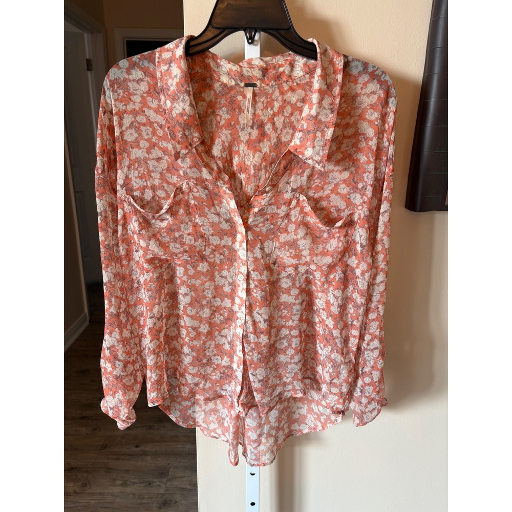 Free People Coral Floral Button Down Blouse Roll Tab Sleeve Small